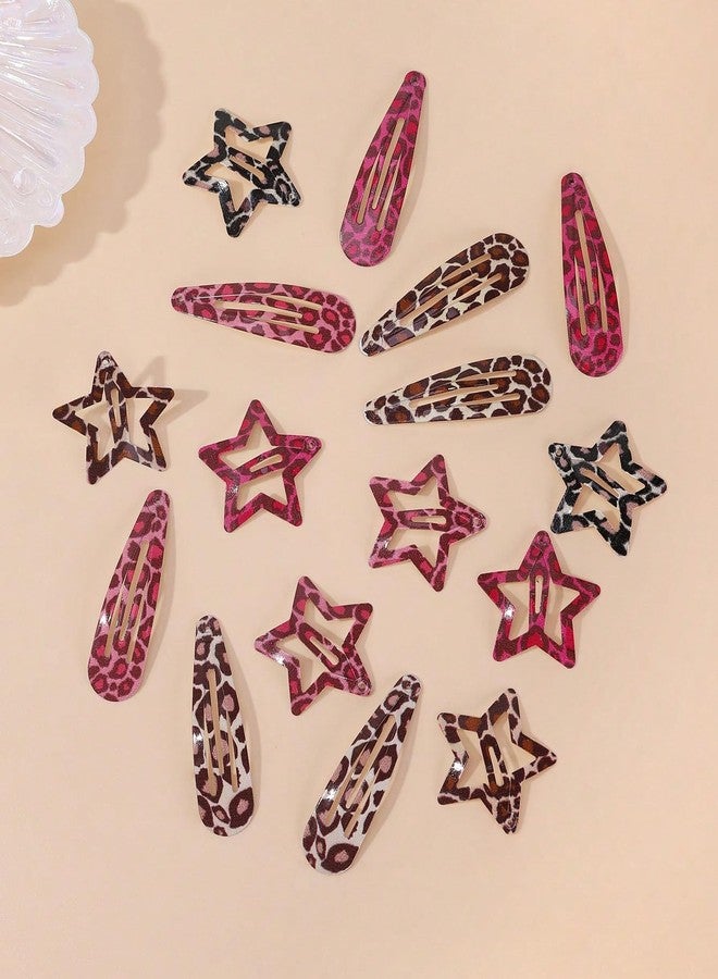 TEBIEKOY Metal Snap Hair Clips,8 Pairs Hair Barrettes for Women - Star & Water Drop Hair Barrettes, Non-Slip Y2K Accessories for Thin Thick Hair,Pink and Brown Leopard Print - Image 1